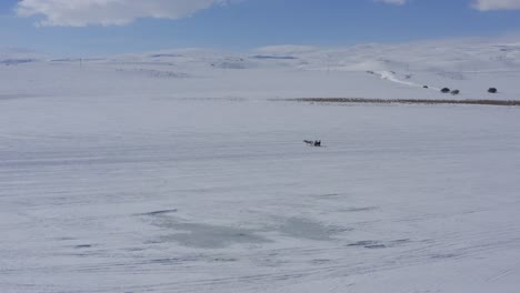 Pferd-Schleppt-Schlitten-Auf-Zugefrorenem-See-über-Offene-Landschaft-In-Der-Türkei