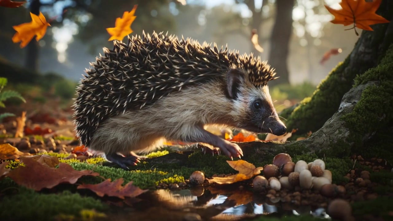Ein Igel auf Futtersuche, der einer Pfützen-Duftspur folgt, schnüffelt am moosigen Waldboden und erkundet Eicheln