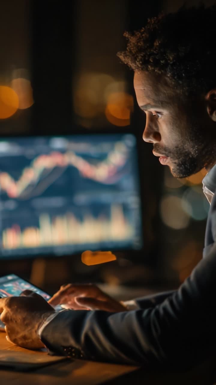 Focused Financial Analysis: An Individual Engaged in Stock Market Research During Night Hours with Charts and Data on a Computer Screen and Mobile Device