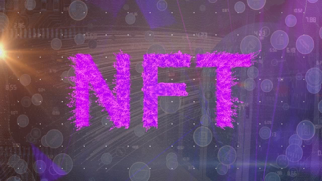 Animation of nft over icons, lights and lines on violet background