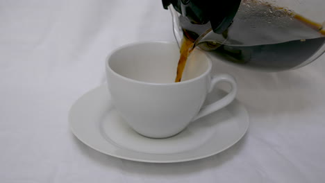 Pouring-coffee-into-white-coffee-cup-with-white-saucer-with-white-background