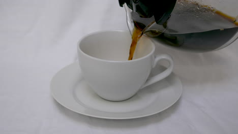 pouring coffee into white coffee cup with white saucer with white background