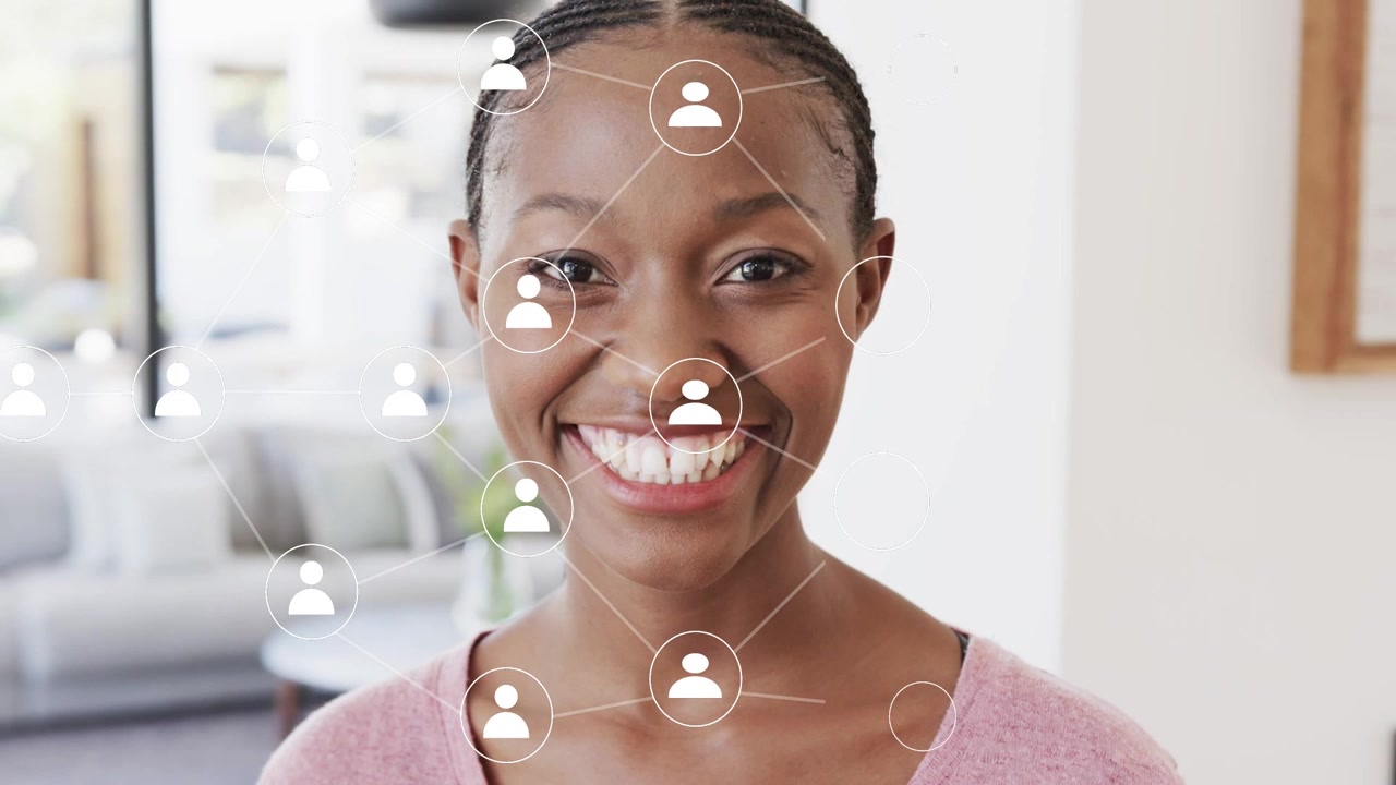 Woman opening eyes and smiling in home, incoming icons forming social network overlay for marketing