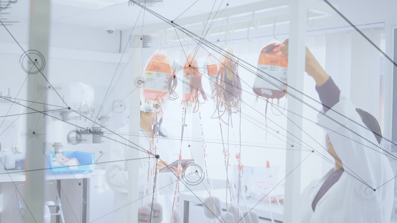 두 인종의 여성 의사와 드립을 통한 연결 네트워크의 애니메이션