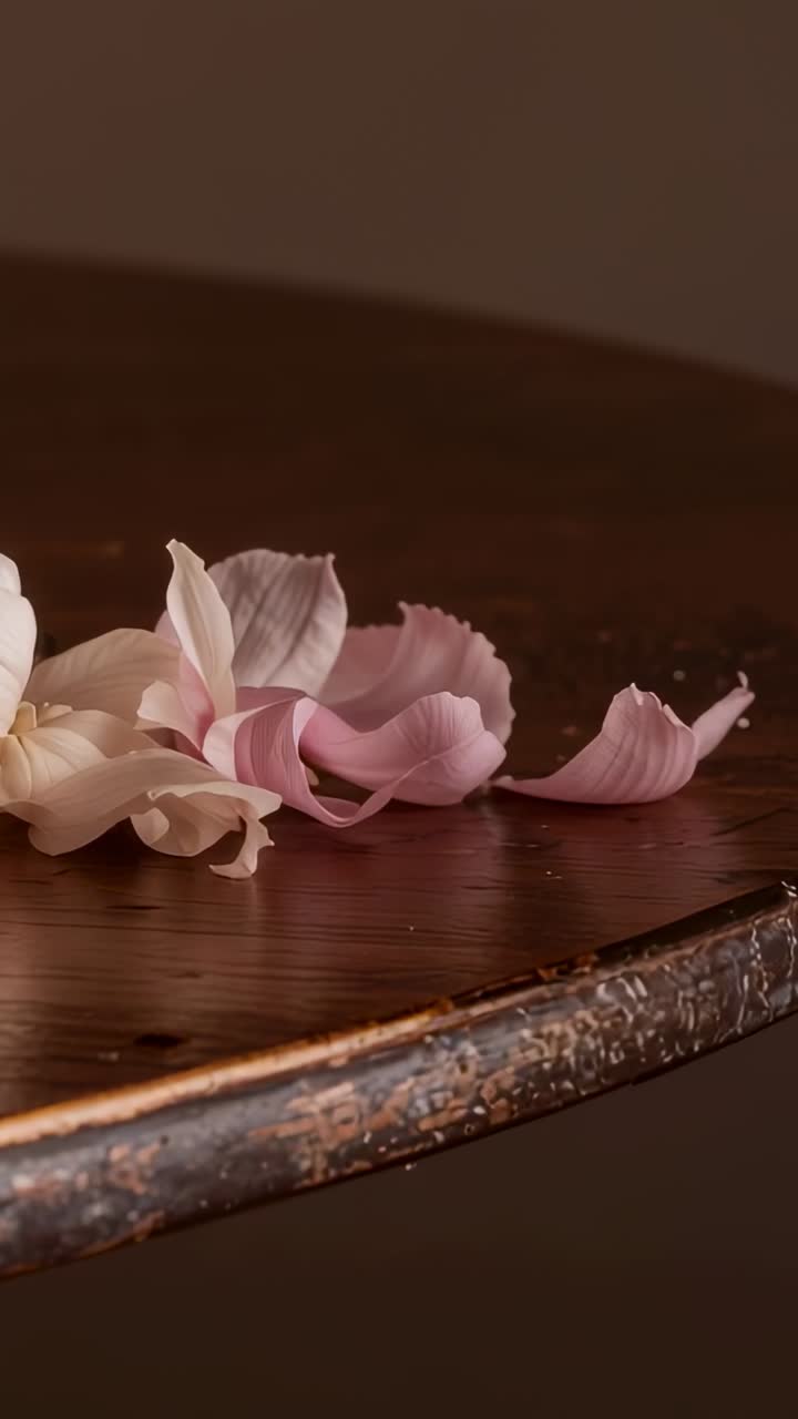 Video verticale: petali rosa e bianco sporco che si dispongono, si arricciano e si spostano su un tavolo di legno, bordo metallico