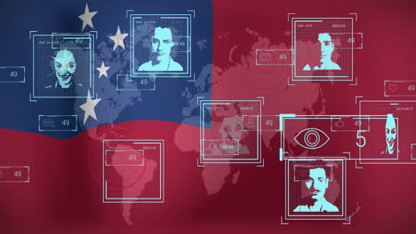 facial recognition and surveillance animation over world map with samoa flag background