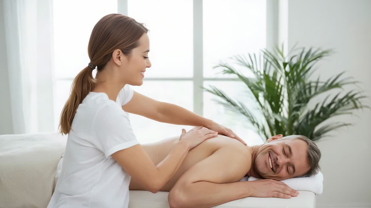 Immagini di mani che massaggiano, terapista in camice bianco che massaggia un cliente su un lettino da massaggio in una spa con asciugamano per dare sollievo