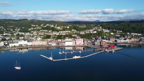 oban harbour lake, seaside town on west coast of scotland, aerial drone 4k hd footage full view rising up