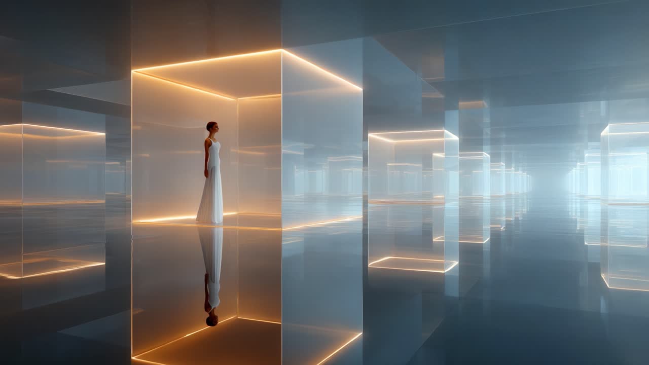 A stunning visual representation of a model captured in an ethereal, futuristic space, featuring glowing geometric shapes and reflective surfaces that create a captivating atmosphere
