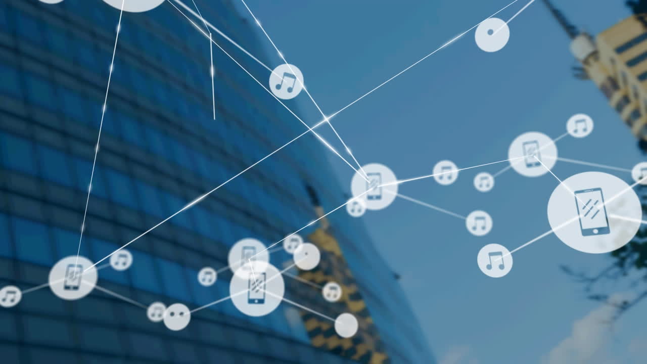 현대적인 건물 위의 아이콘과 연결 네트워크의 애니메이션