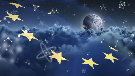 animation of molecules moving over eu flag and cloudy sky