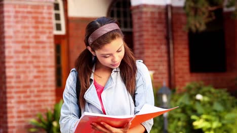 feliz estudiante leyendo de la carpeta