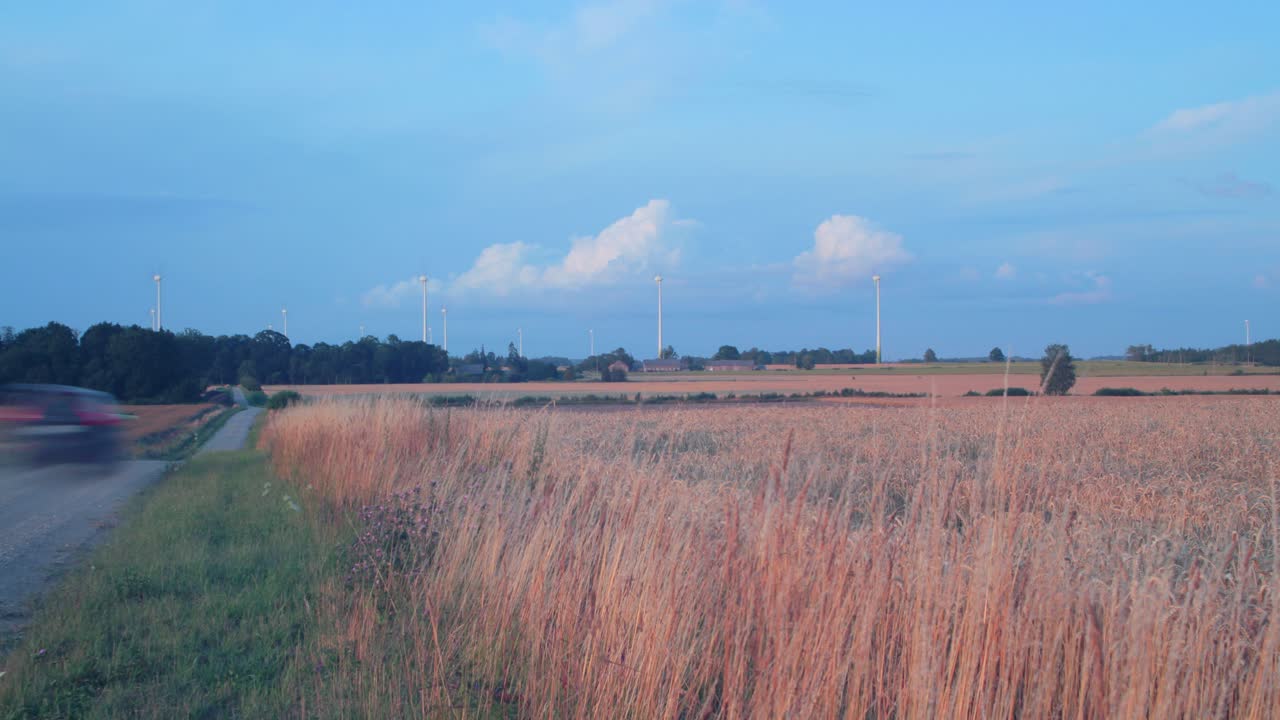 아름다운 일몰, 넓은 샷에서 녹색 생태 세계를 위한 재생 에너지를 생산하는 잘 익은 황금 밀밭과 풍력 터빈 농장의 시간 경과