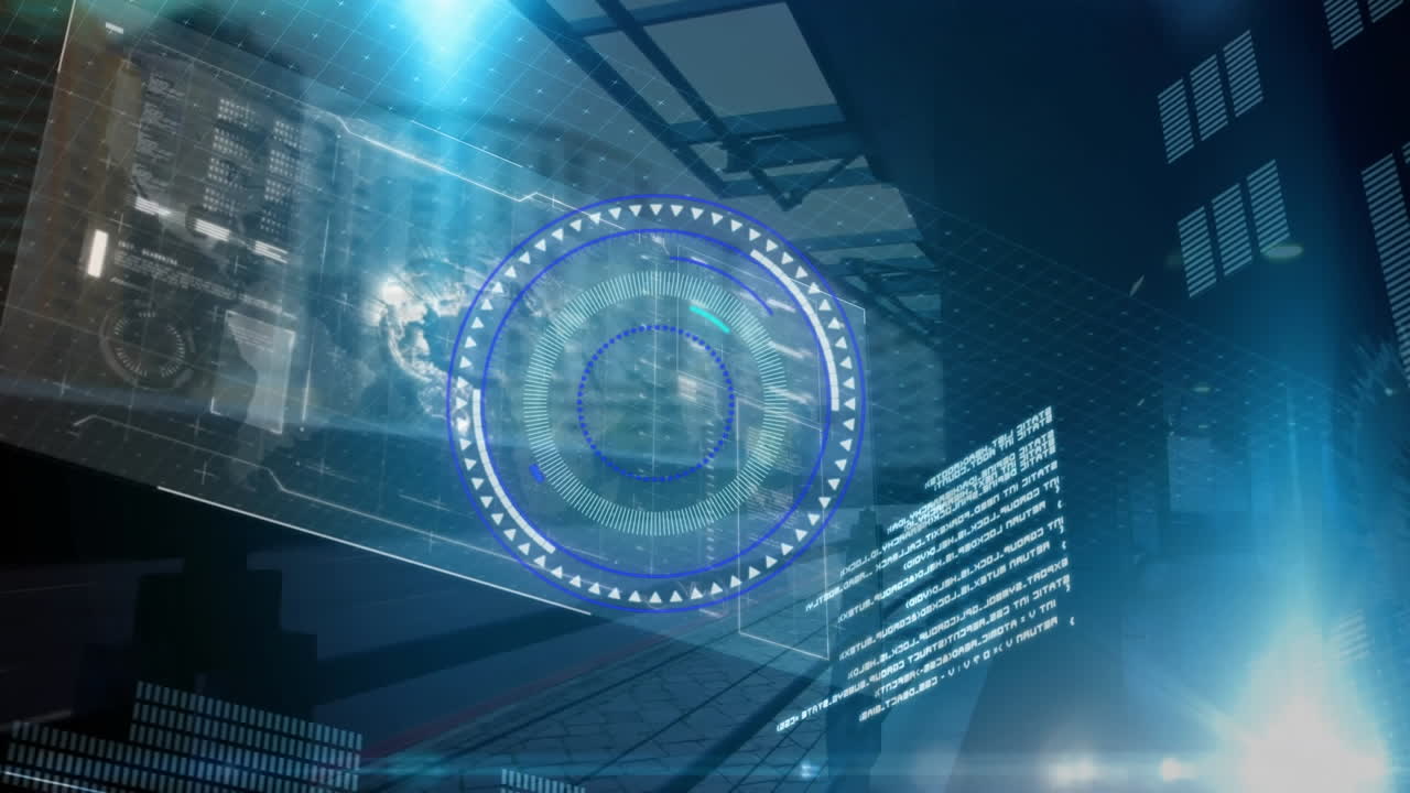 파란색 배경에 대한 범위 스캐닝, 숫자 및 데이터 처리 애니메이션