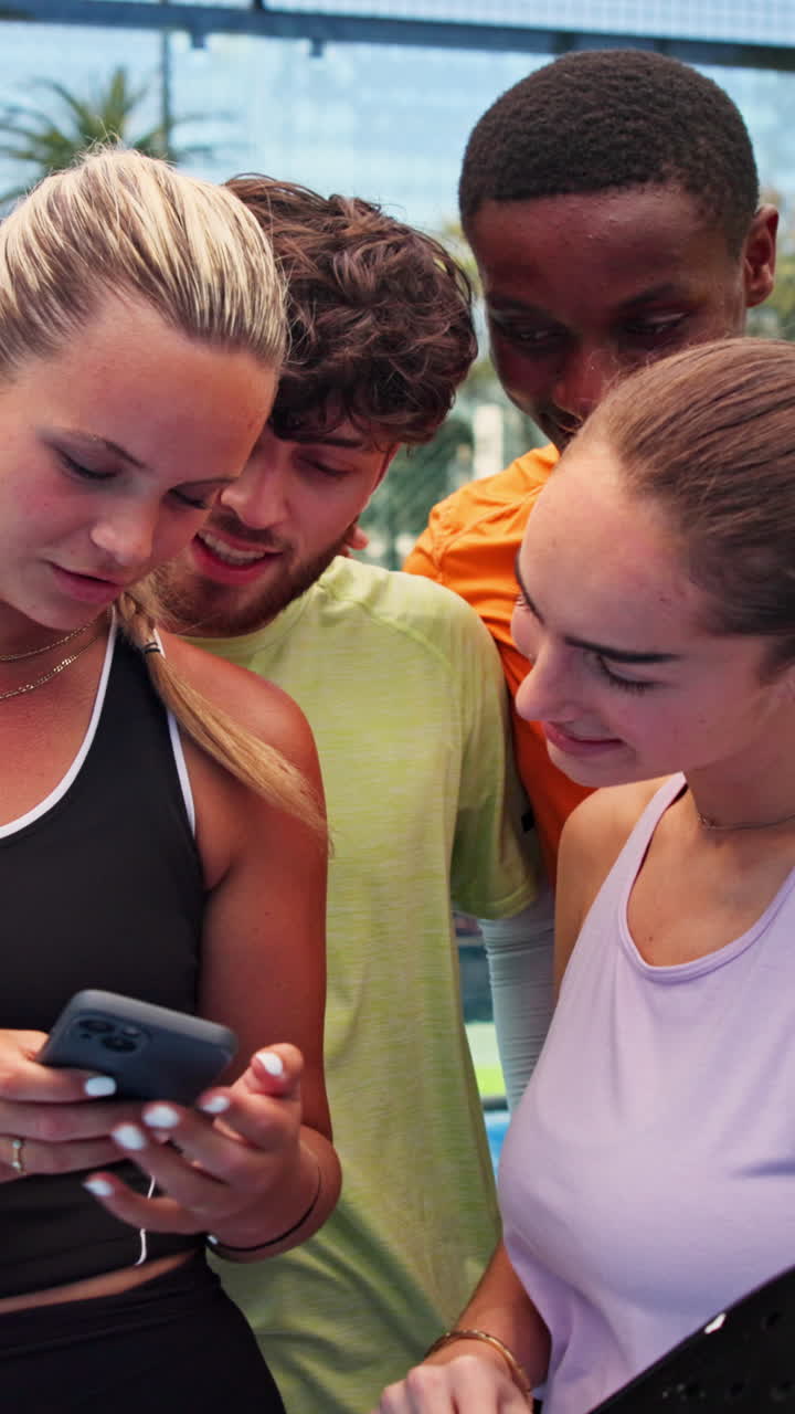 Gruppo di amici che sorridono e guardano uno smartphone.