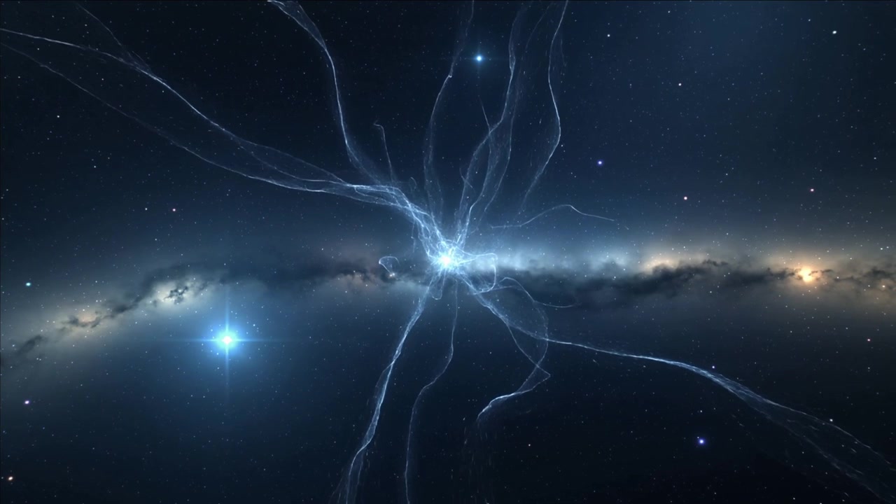 Nucleo luminoso che sprigiona filamenti che si estendono e si ramificano lungo la fascia galattica, con una stella bluastra a sinistra.