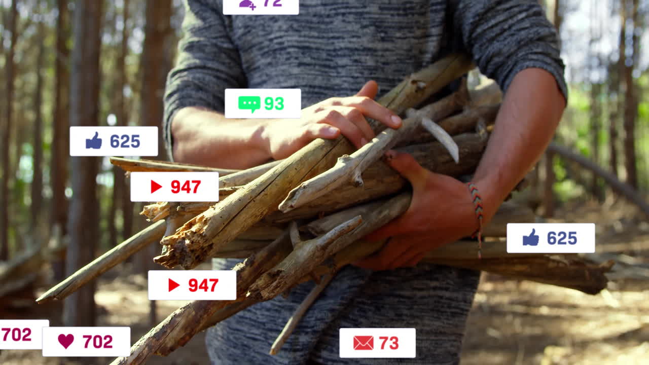 man carrying firewood in pine forest, with floating social media icons promoting engagement