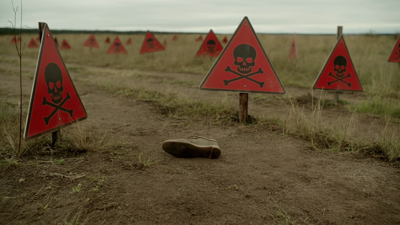 Red Skull Signs Scatter Across Field. Triangular Red Markers On Wooden Posts Line Dirt Path Through Desolate