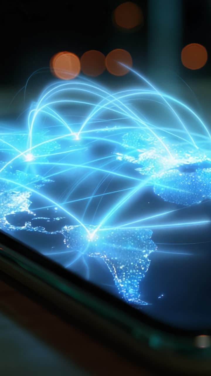 Visualizzazione della connettività globale attraverso reti digitali con mappe illuminate su un dispositivo smartphone, mettendo in mostra diverse connessioni e interazioni di dati.