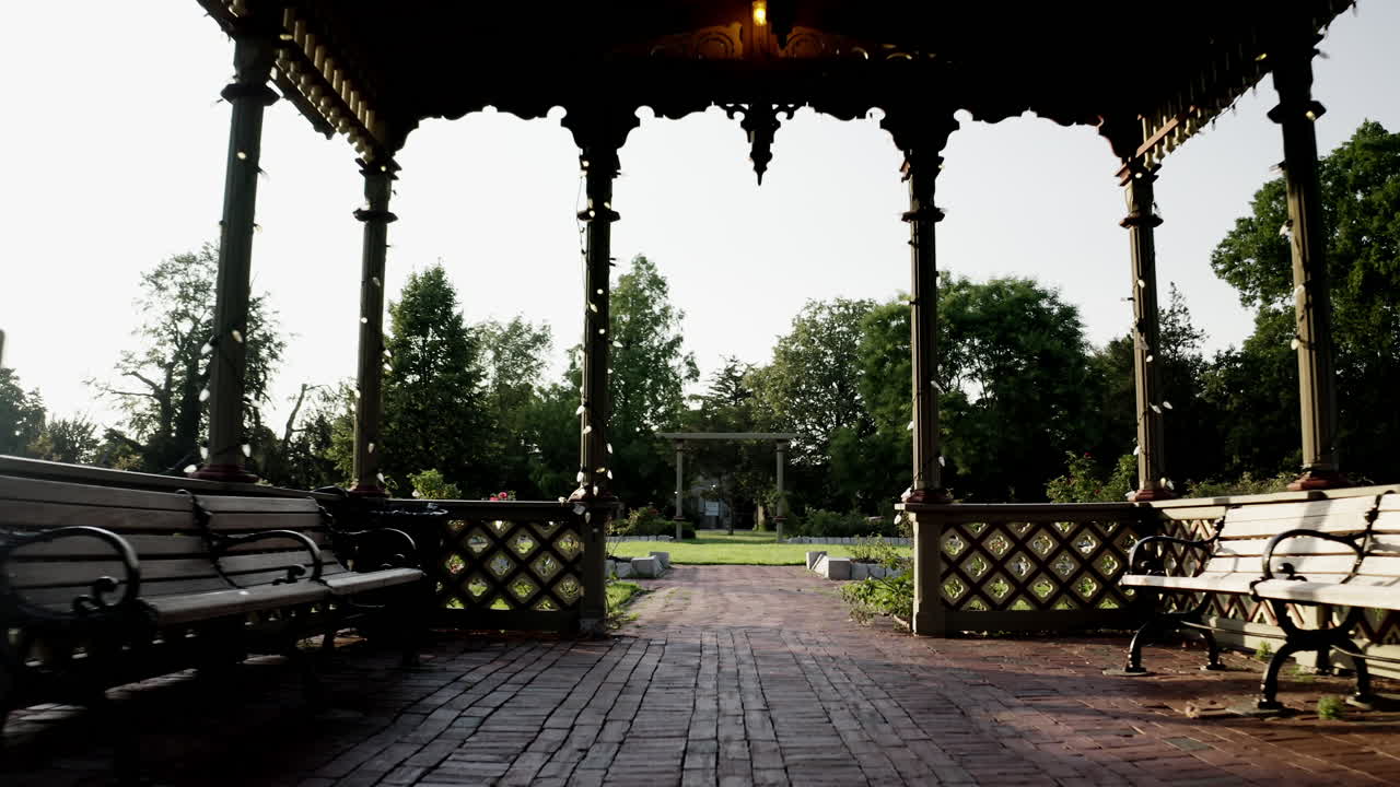 Drone flight through the various gazebos in the rose garden in Roger Williams Park