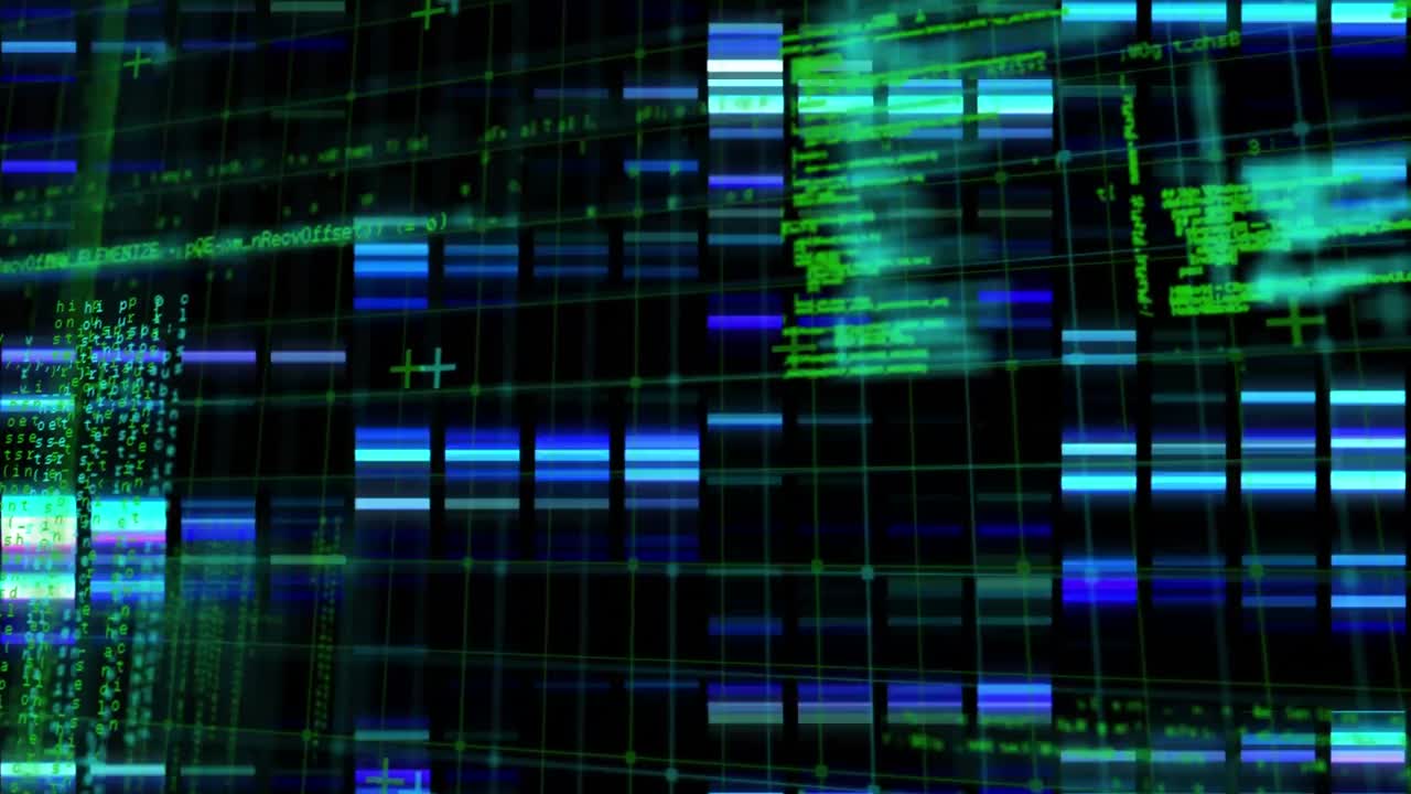 Animation of moving columns over data processing on black background