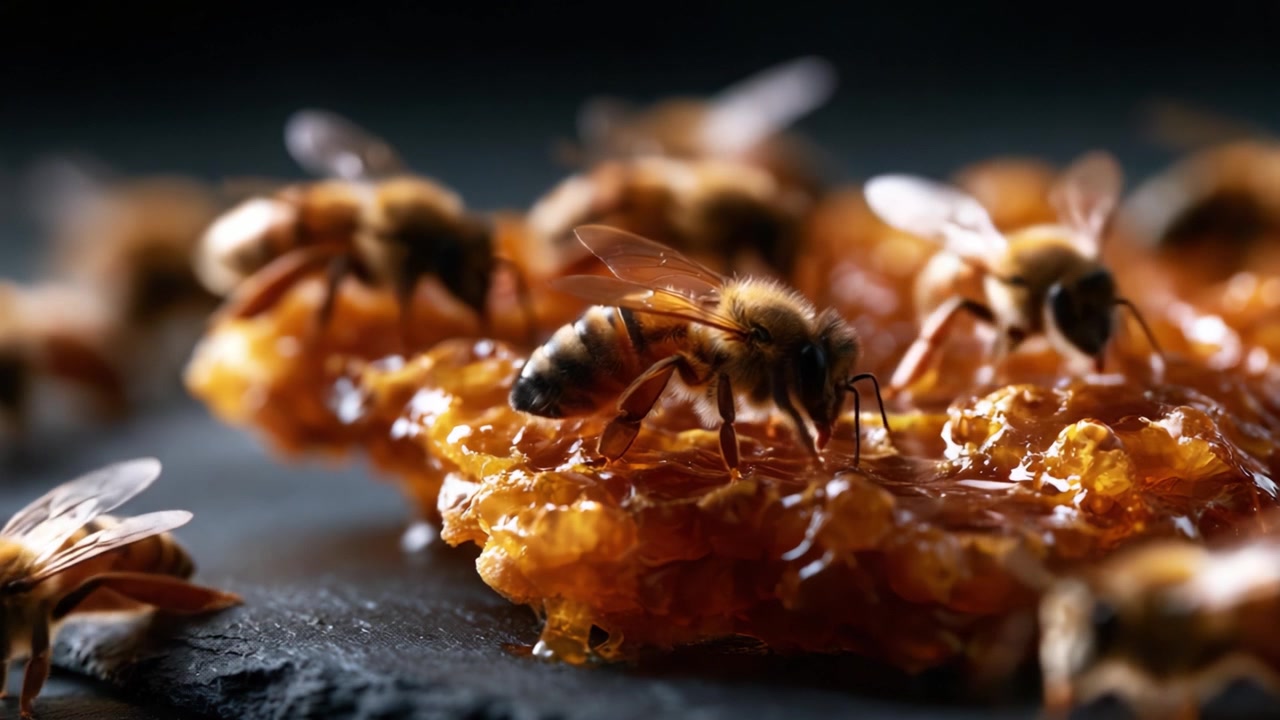 Close-Up Examination of Bees Gathering Honey on a Glimmering Honeycomb, Showcasing Their Vital Role in Nature's Ecosystem and the Beauty of Natural Sweetness