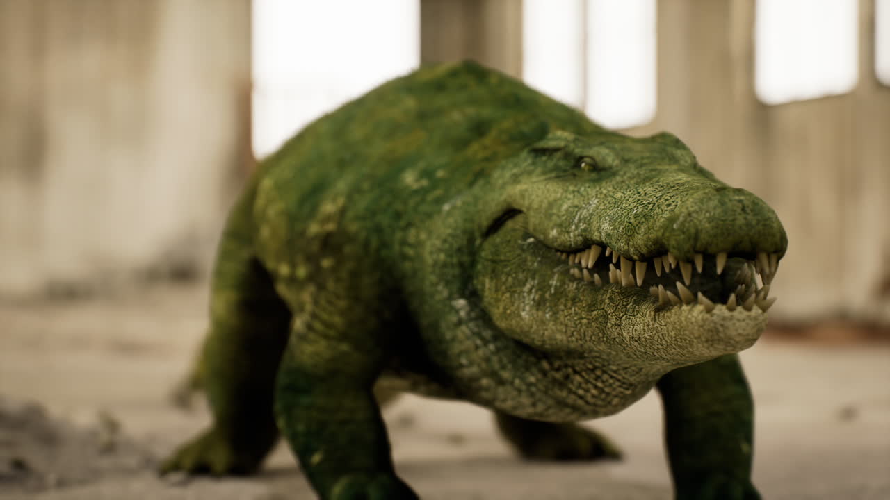 Crocodile in an abandoned building exploring its surroundings during daytime