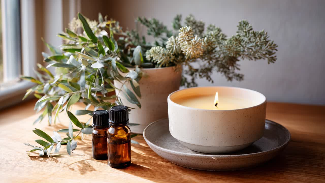 Şık bir mum, Essential yağlar ve taze yeşilliklerle dingin bir aromaterapi düzenlemesi; rahatlamanın ve doğal güzelliğin özünü yakalıyor