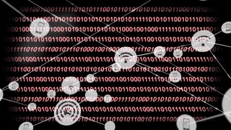 Animation of network of connection with icons over black background with pink binary code