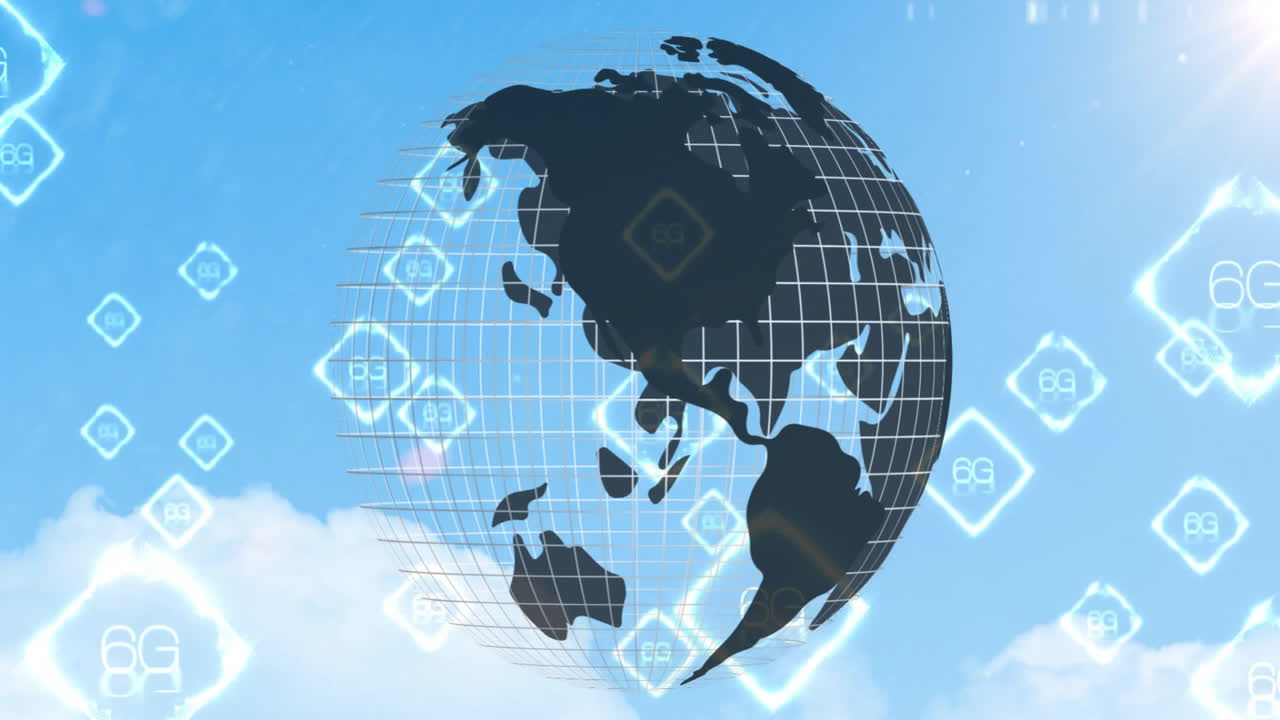 Animation of digital globe with 8G network symbols floating in blue sky