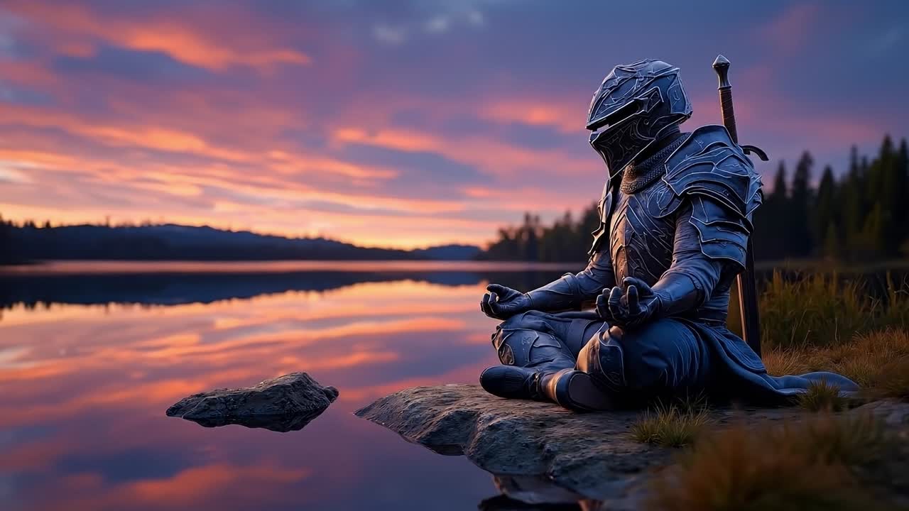 En mann i rustning som sitter på en stein ved en innsjø ved solnedgang