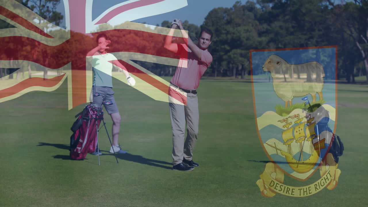 Golf couple swinging club on fairway with animated Union Jack, Bermuda coat for business ad