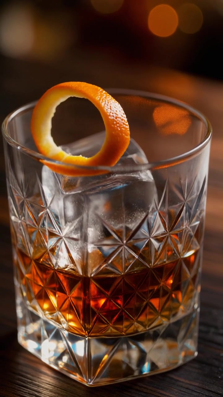 Bicchiere di whisky con un grande cubo di ghiaccio e guarnizione di scorza d'arancia