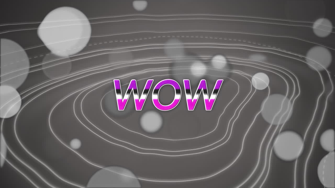 회색 배경의 나선형 패턴에 대한 렌즈 플레어 위의 와우 텍스트의 애니메이션