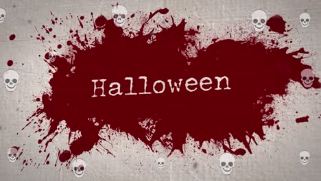 Animation-of-halloween-greetings,-skulls-and-blood-stain-on-beige-background