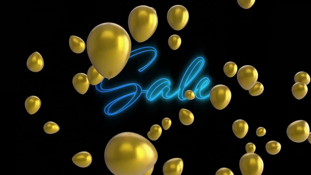 animación de ventas de texto, en neón azul, con globos dorados, sobre fondo negro