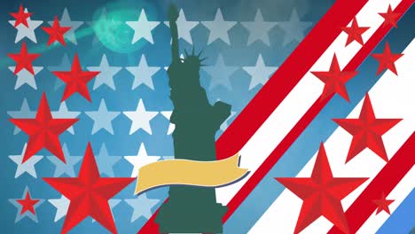 Animation-of-statue-of-liberty-and-banner,-with-stars-and-stripe-patterns-from-american-flag