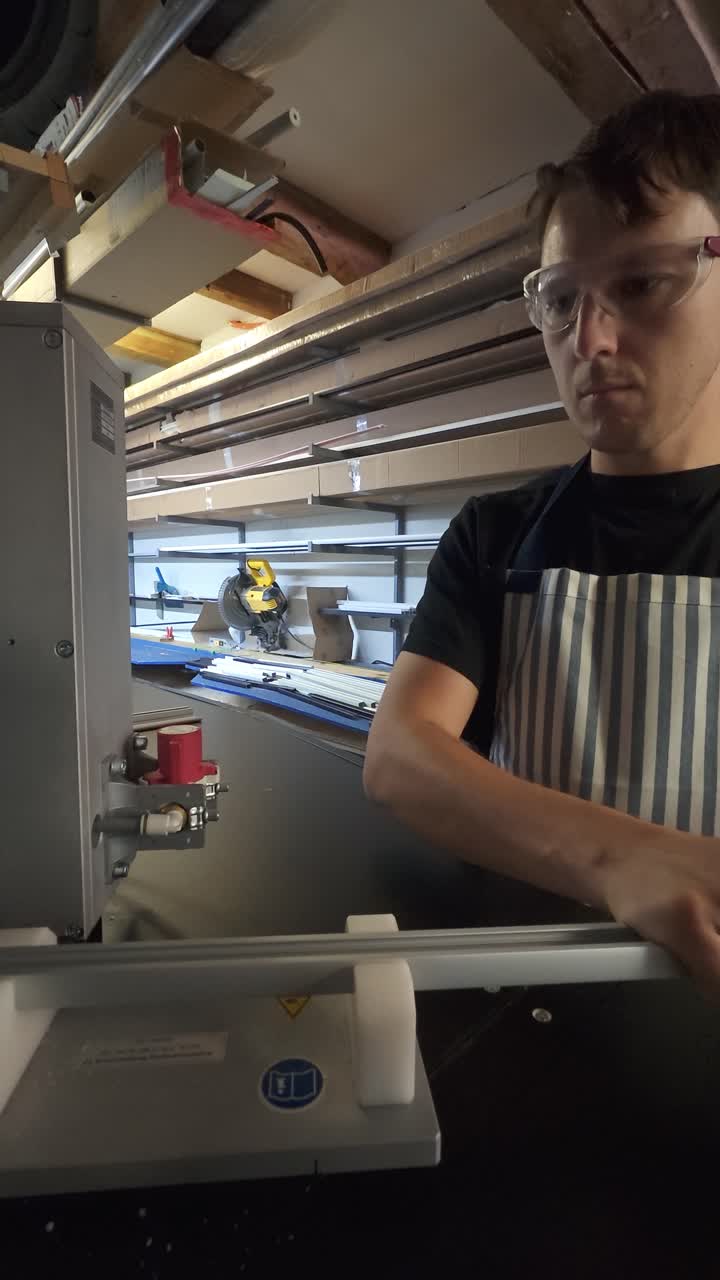 Man in workshop wearing safety glasses and apron cut metal, vertical