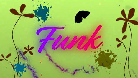 animation of funk text over flowers on green background