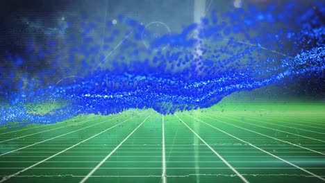 digital animation of blue digital wave over network of connections against green grid network
