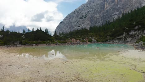 aerial view over lake sorapis in the dolomites