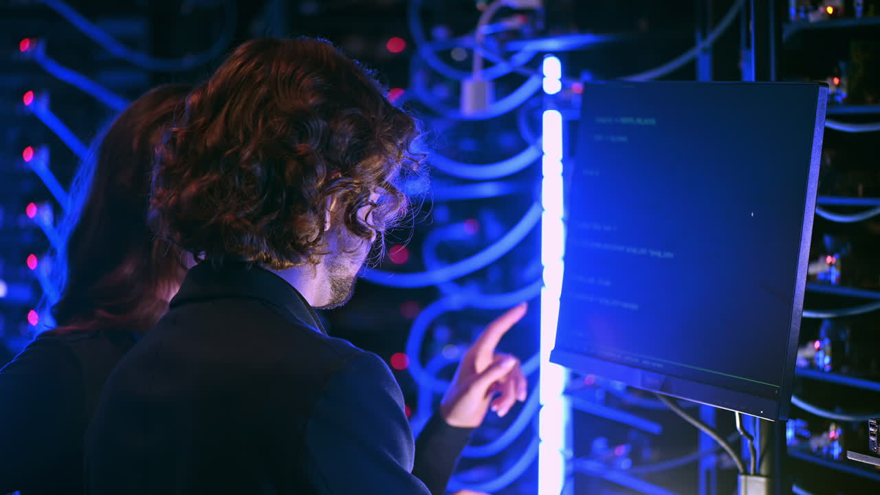 A man and a woman analysing data in a server room