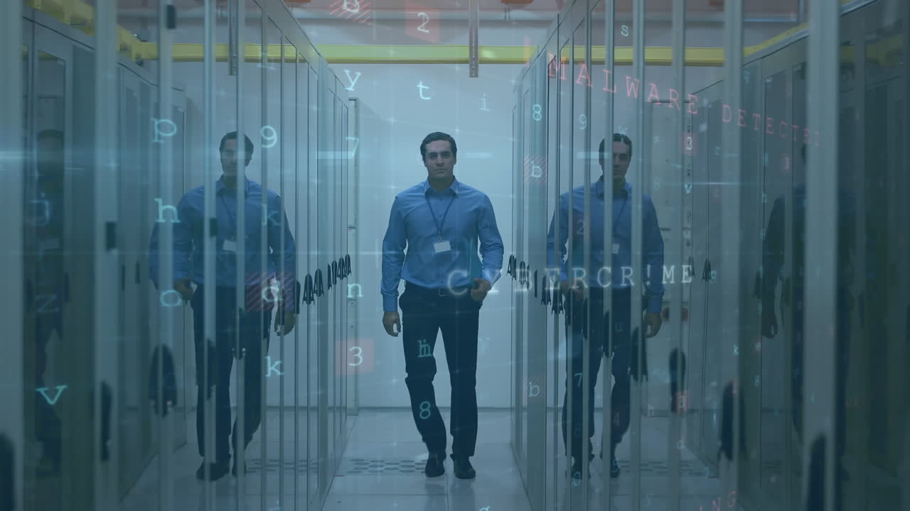 hombre entrando en una sala de servidor de computadora mientras los mensajes de advertencia aparecen en primer plano