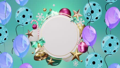 animación de globos y decoraciones navideñas sobre un círculo con espacio de copia sobre fondo verde