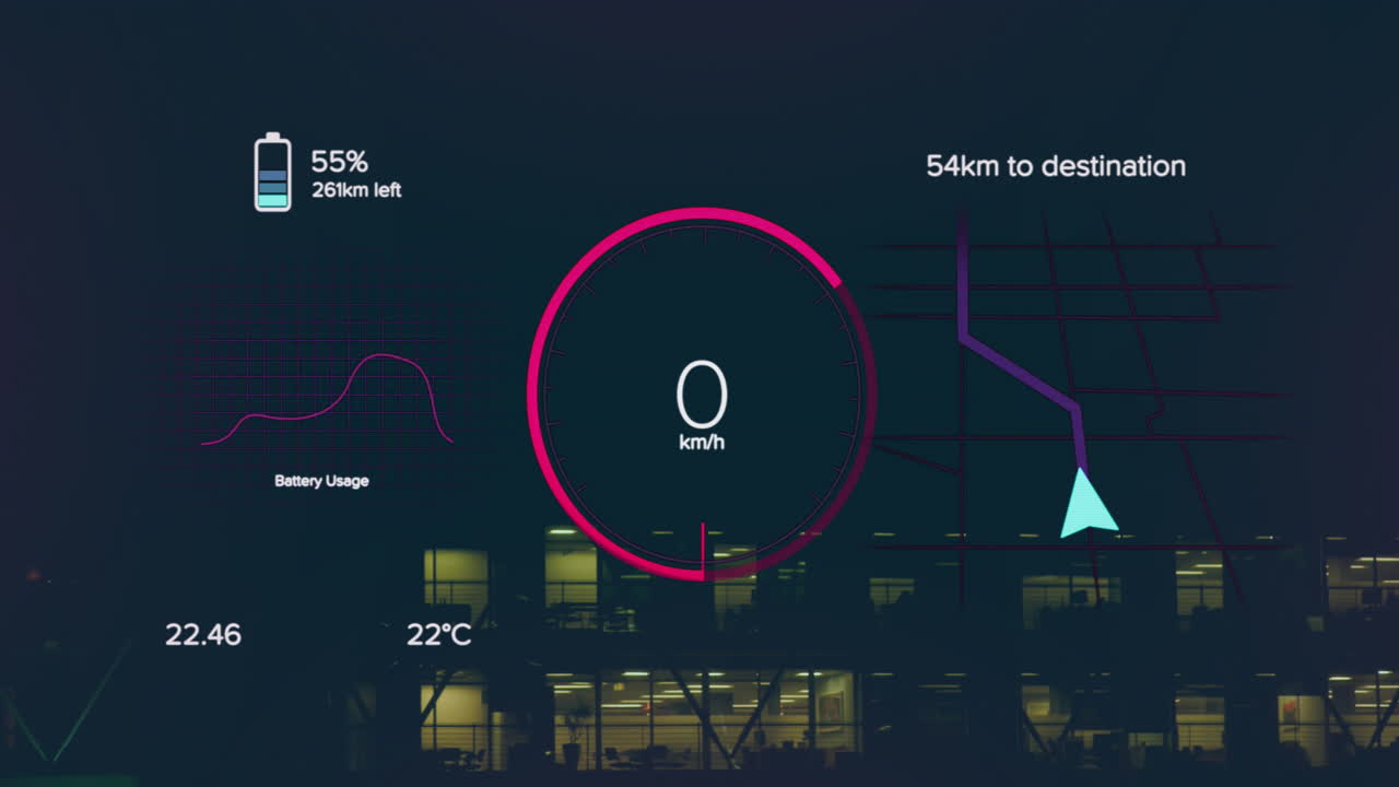 animación de números cambiantes en el círculo de carga, el icono de la batería y el patrón de navegación sobre el edificio