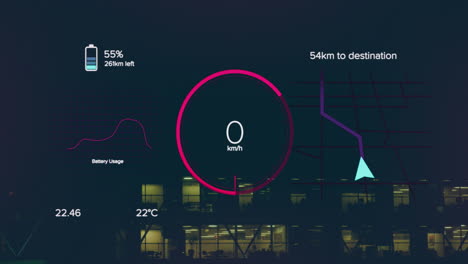 animation of changing numbers in loading circle, battery icon and navigation pattern over building