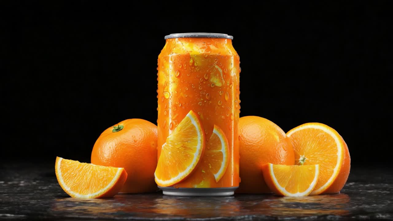 Lebhafte Erfrischung: Ein sprudelndes Orangengetränk, umgeben von frischen Orangen in einem Wasserspritzer, fängt die Essenz von Sommer und Zitrusgenuss ein.