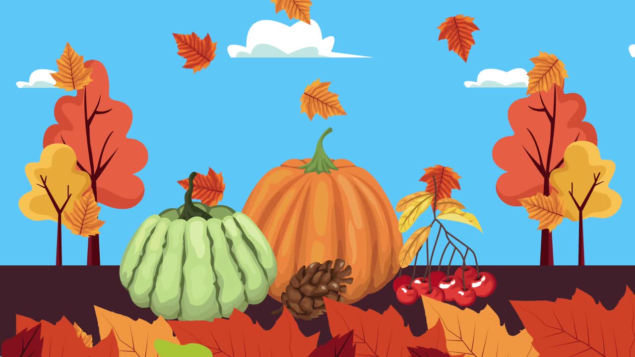 hola animación de otoño con hojas y frutas en escena del bosque