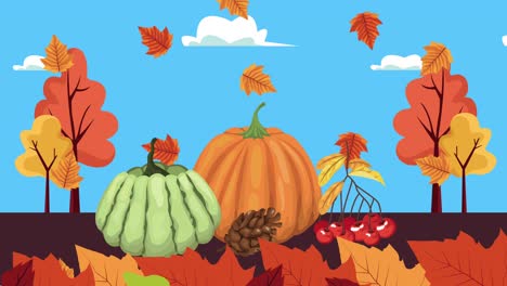 hello autumn animation with leafs and fruits in forest scene
