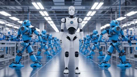 advanced humanoid robot in a high-tech manufacturing facility surrounded by other robots, showcasing automation and robotics innovation